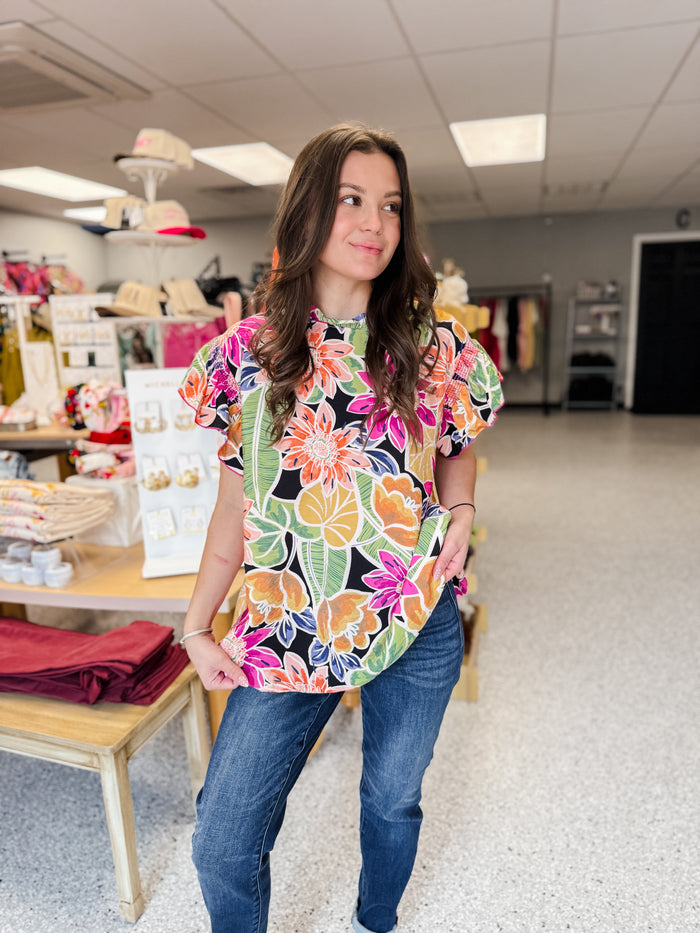 Black/Orange Endless Floral Top