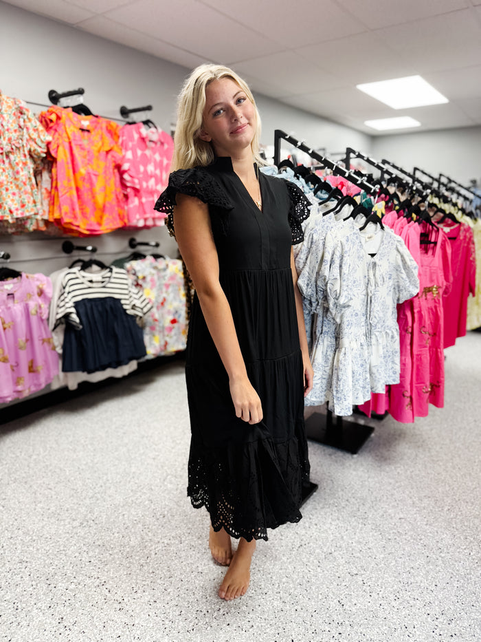 Black Solid Lace Tiered Dress