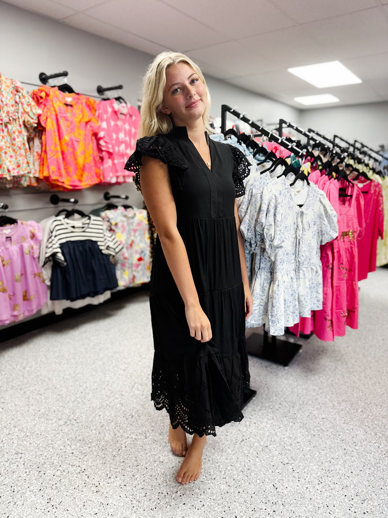 Black Solid Lace Tiered Dress