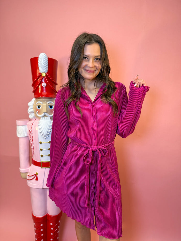 Pleated Button Down Shirt Dress W/ Bell Sleeves