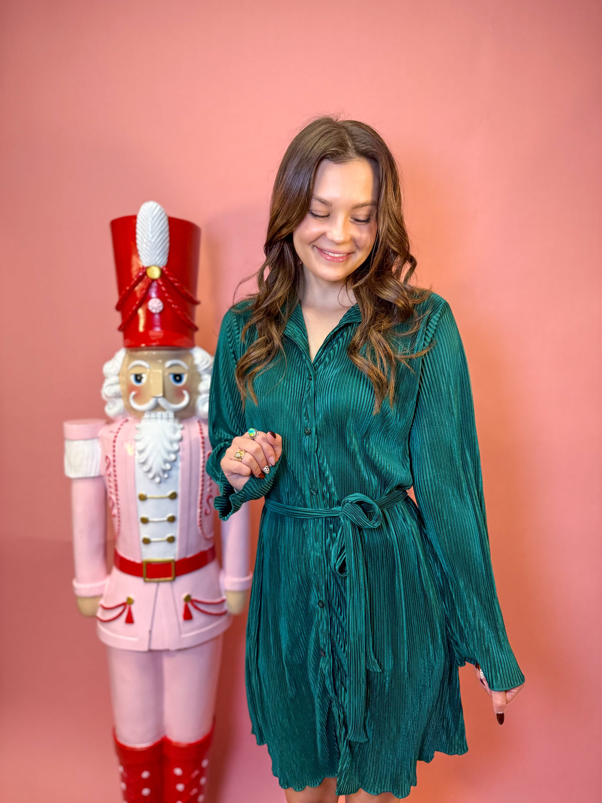 Pleated Button Down Shirt Dress W/ Bell Sleeves