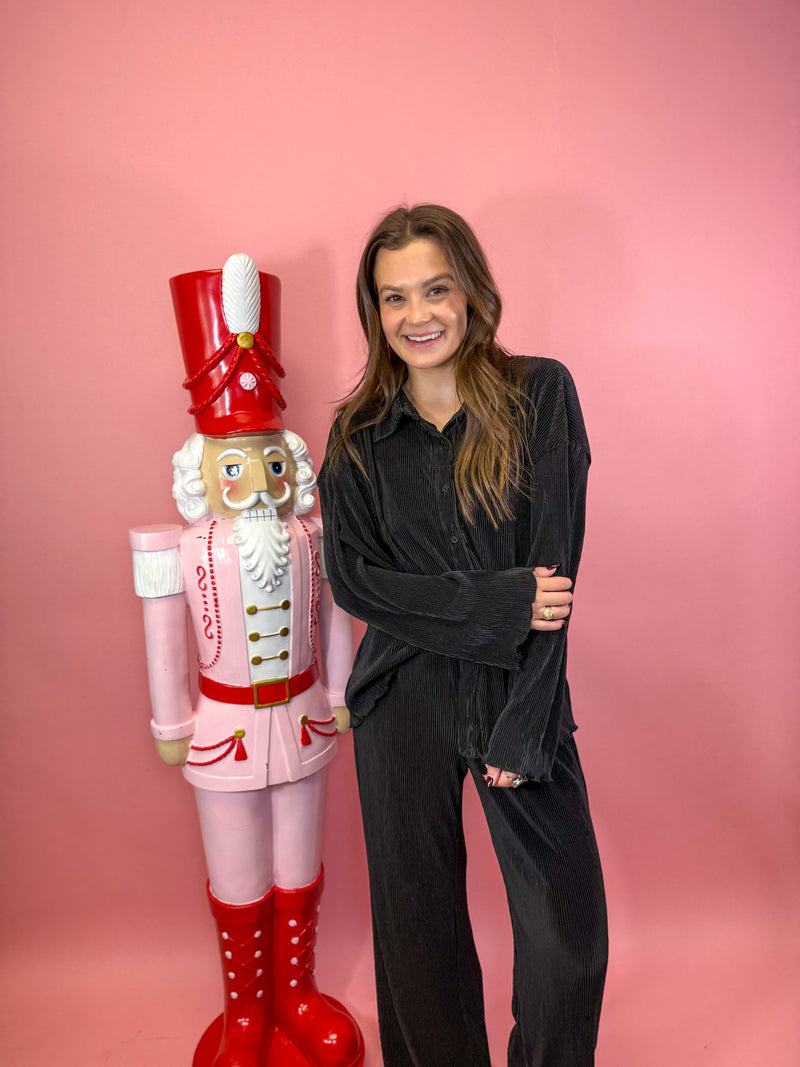 Black Pleated Shirt & Pants W/ Wavy Details