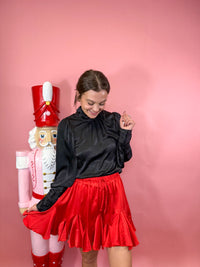 Black Satin Hi-Neck Puff Sleeve W/ Elastic Waist Band