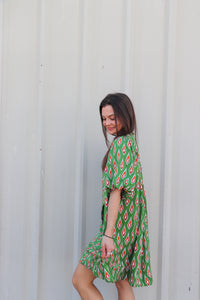 Leaf Print Dress with Puff Sleeves