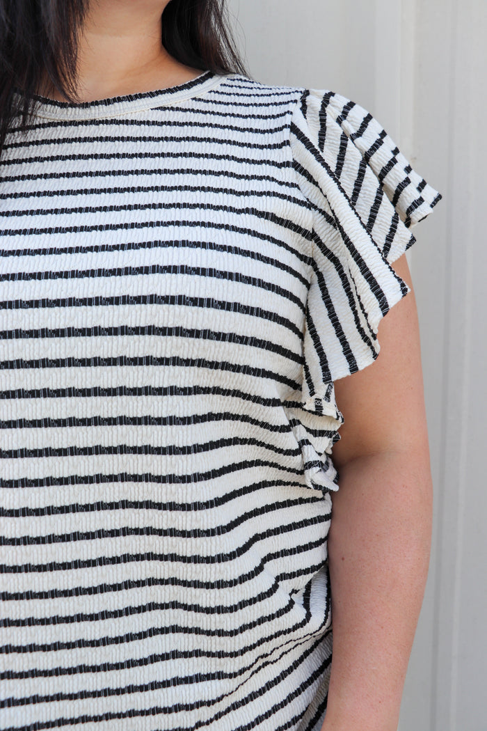 Ruffled Sleeve Stripe Top-Cream/Black