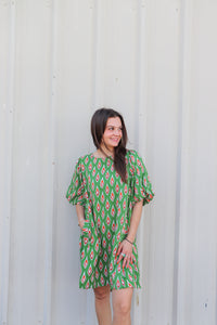 Leaf Print Dress with Puff Sleeves