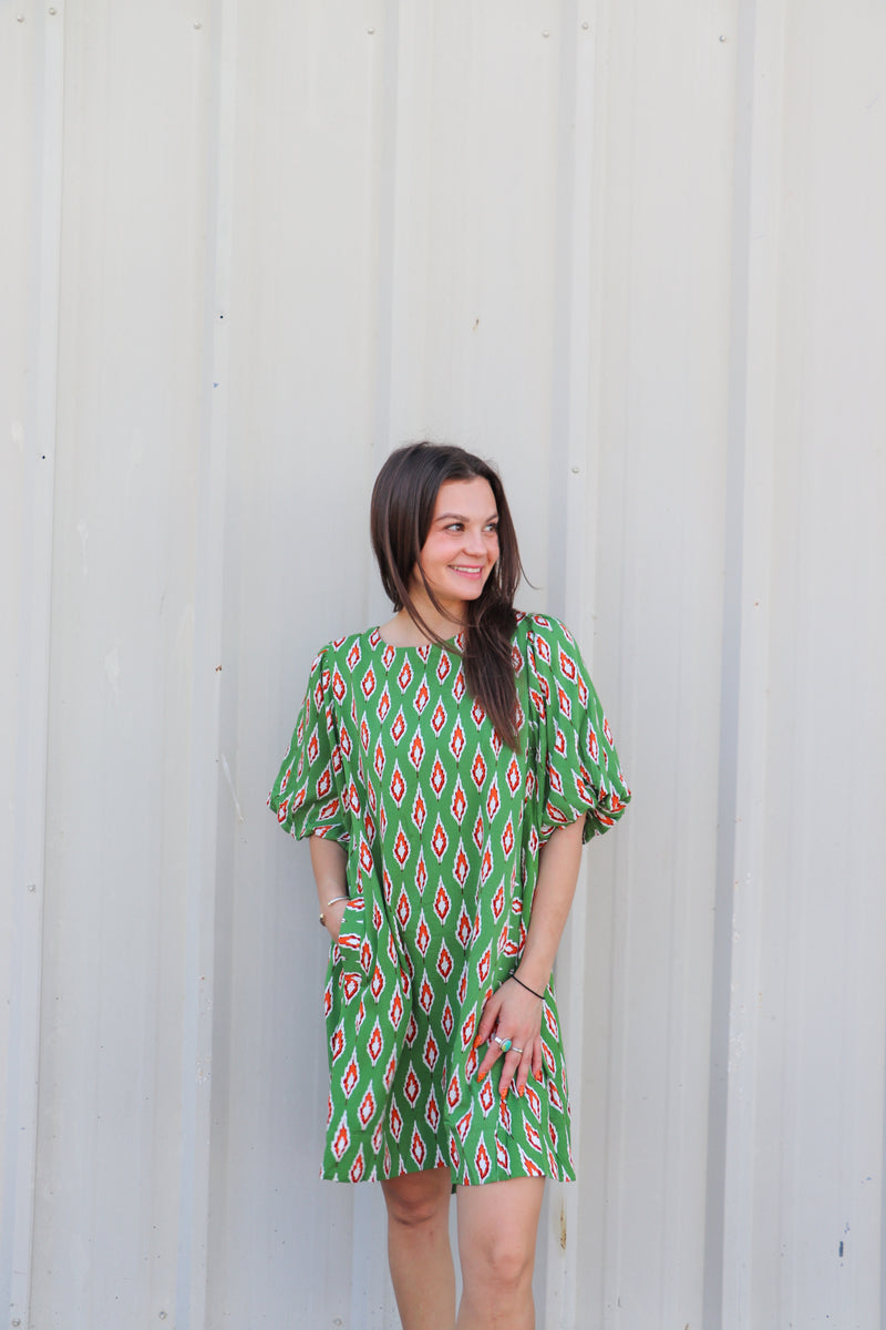 Leaf Print Dress with Puff Sleeves