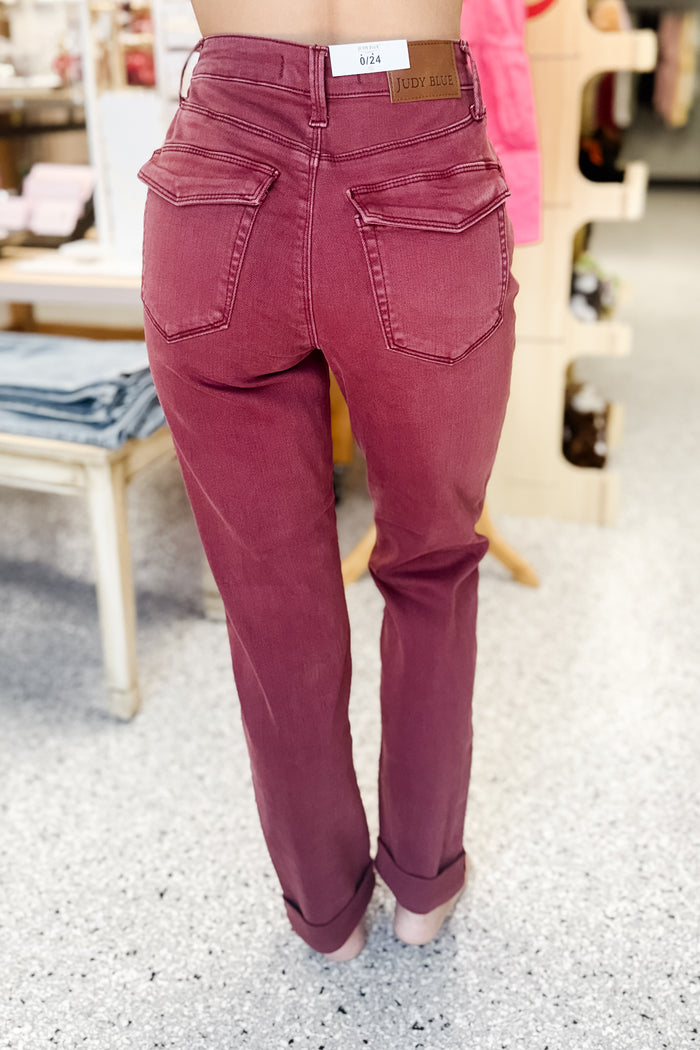 Ashley High Waist Cuffed Burgundy Jeans