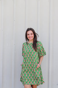 Leaf Print Dress with Puff Sleeves