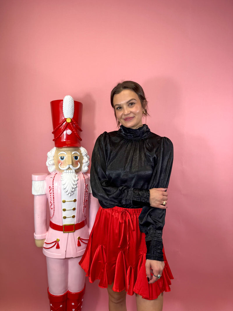 Black Satin Hi-Neck Puff Sleeve W/ Elastic Waist Band