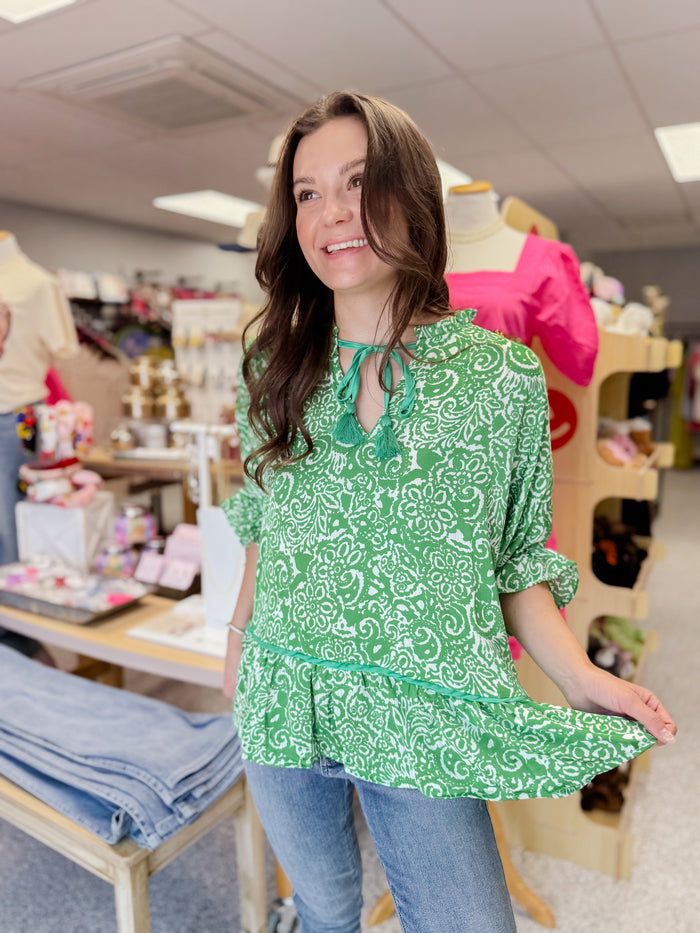 Green Satin 3/4 Cuffed Sleeve Babydoll Top