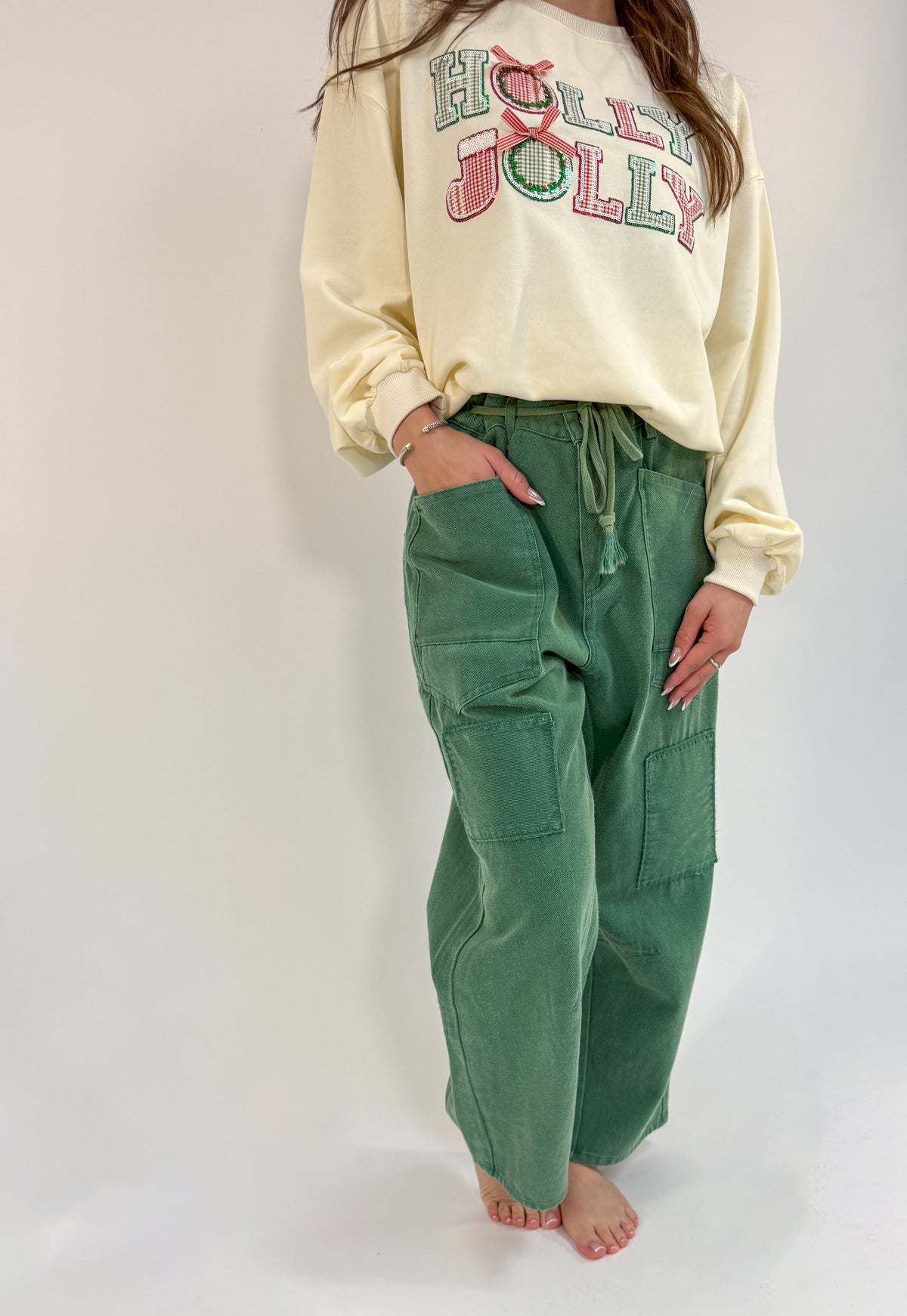 Front Belted Washed Denim Pocket Pants