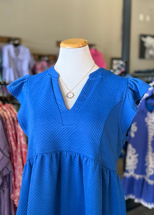 Criss Cross Jacquard Ruffle Sleeve Dress-Sapphire