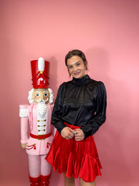 Black Satin Hi-Neck Puff Sleeve W/ Elastic Waist Band