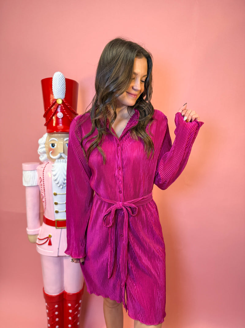 Pleated Button Down Shirt Dress W/ Bell Sleeves