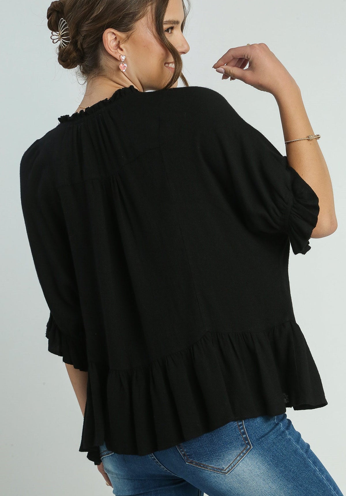 Linen Blend Front Tassel Tie Top