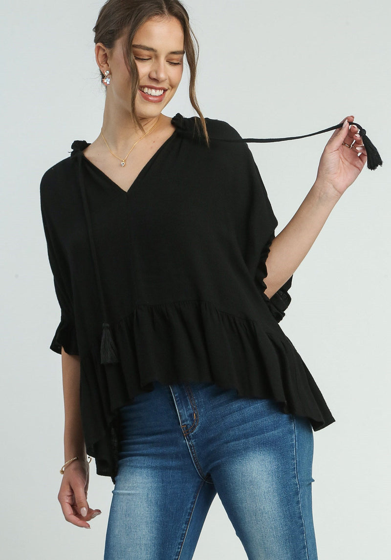 Linen Blend Front Tassel Tie Top