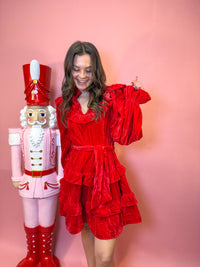 Washed Red Velvet Ruffle Detail Dress
