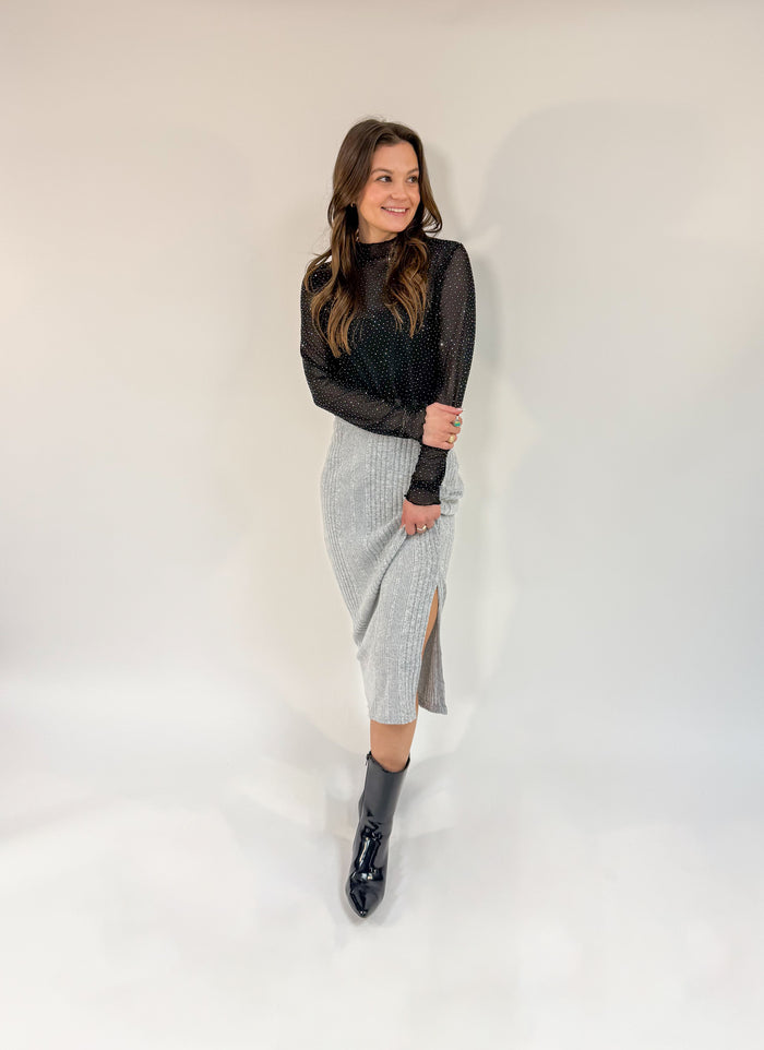 Ribbed Knit Elastic Waistband Midi Skirt