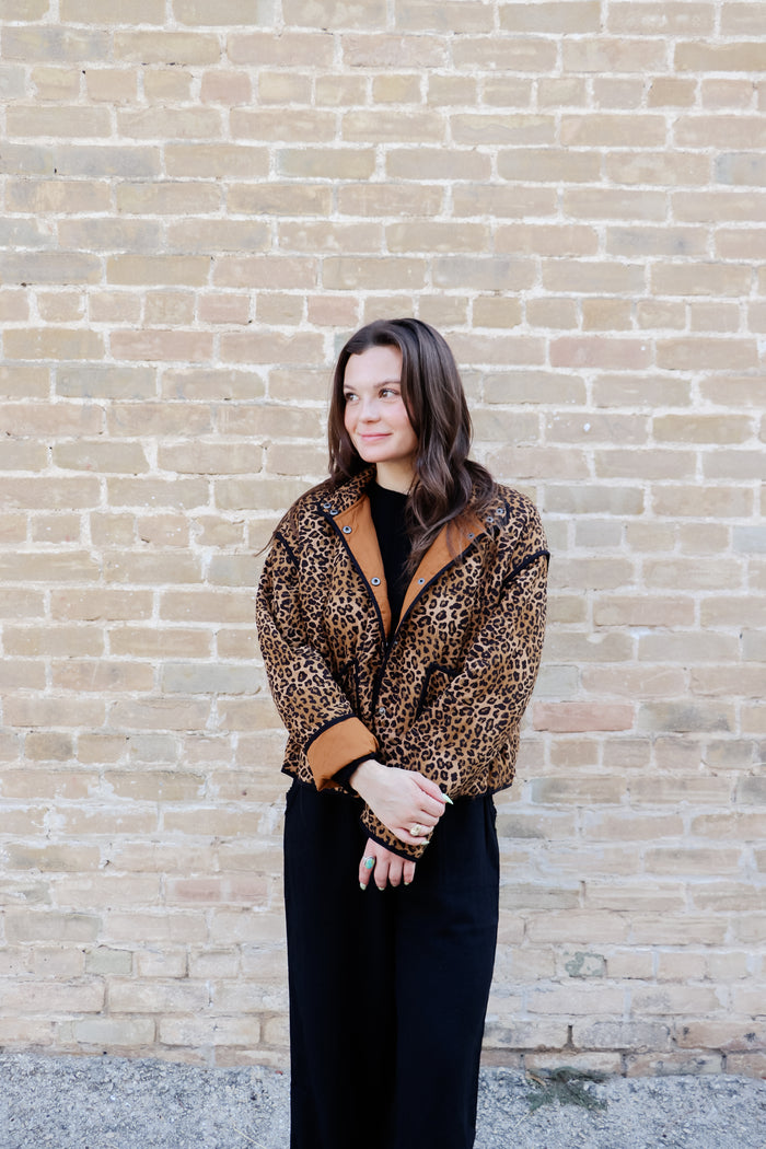 Quilted Leopard Button Down Puffer Jacket