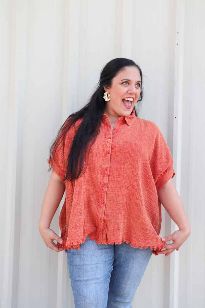Cotton Gauze Mineral Wash Button Down Top
