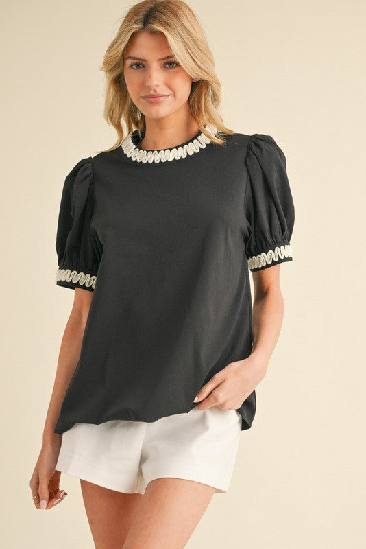 Puffed Sleeve Top W/ Neckline & Sleeve Details