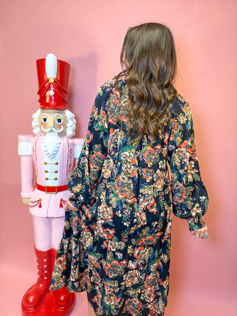 Black Floral Print V-Neck Tiered Maxi Dress