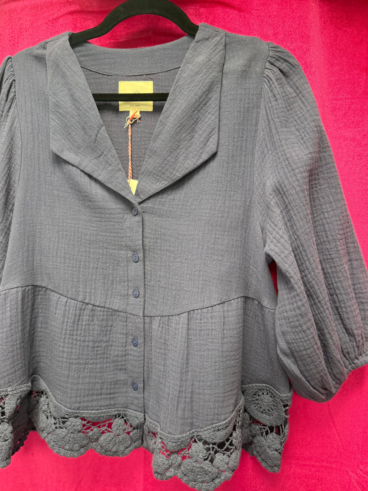 Navy Cotton Gauze Button Down Top