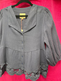 Navy Cotton Gauze Button Down Top