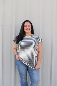 Ruffled Sleeve Stripe Top-Cream/Black