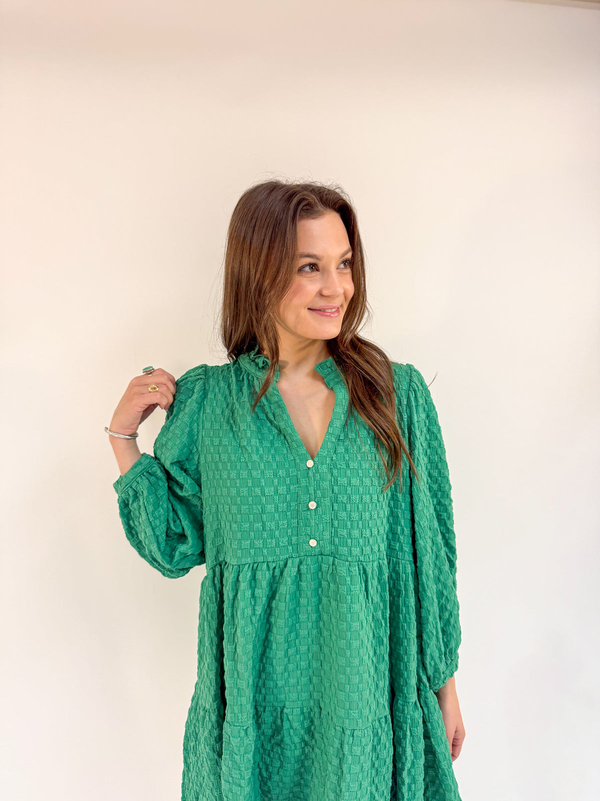 Textured Jacquard V-Notched Ruffle Trim Dress