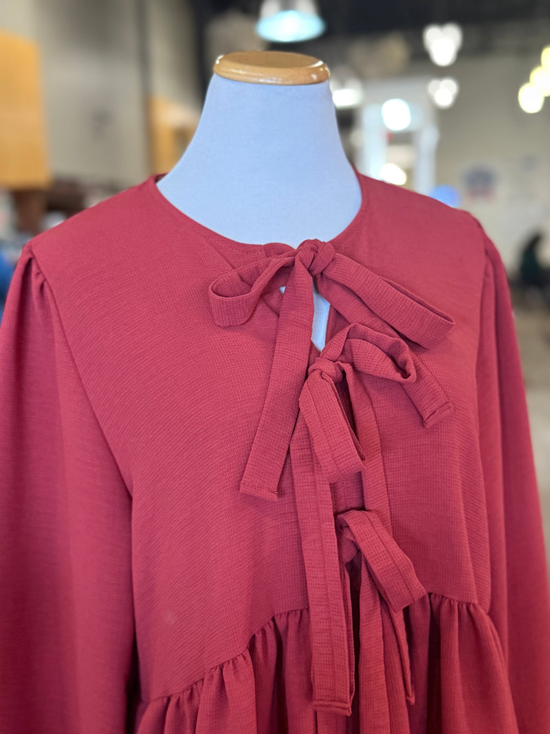 Front Ribbon Bow Tie Babydoll Dress-Marsala