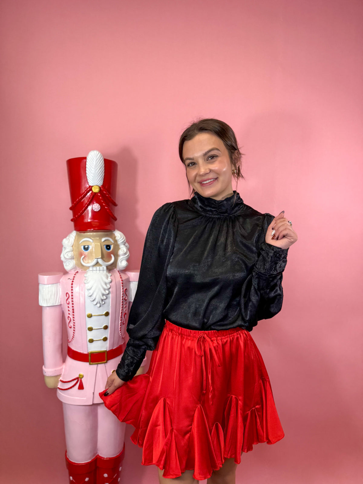 Black Satin Hi-Neck Puff Sleeve W/ Elastic Waist Band