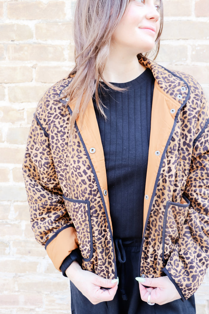 Quilted Leopard Button Down Puffer Jacket