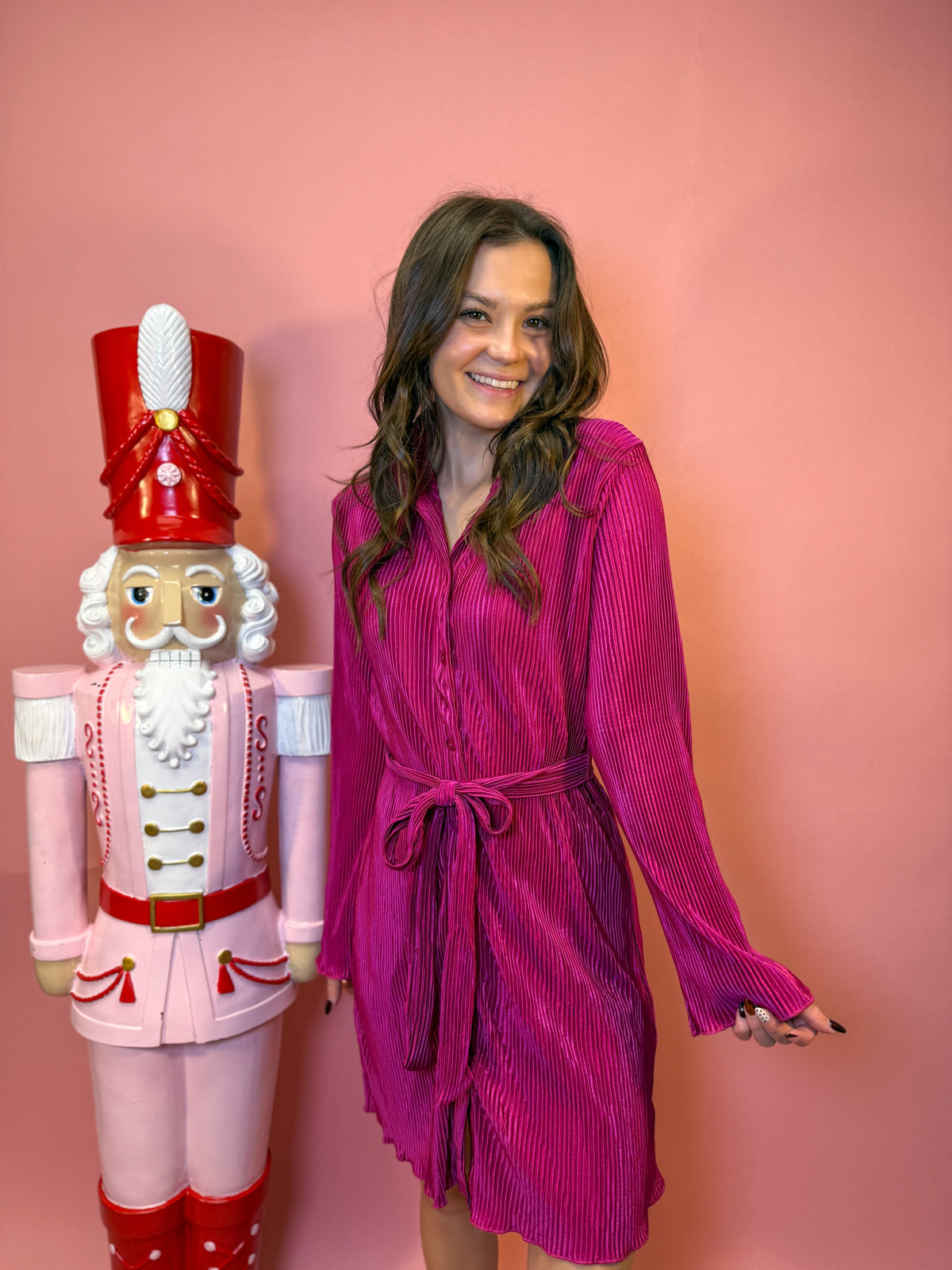 Pleated Button Down Shirt Dress W/ Bell Sleeves