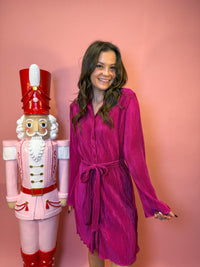 Pleated Button Down Shirt Dress W/ Bell Sleeves