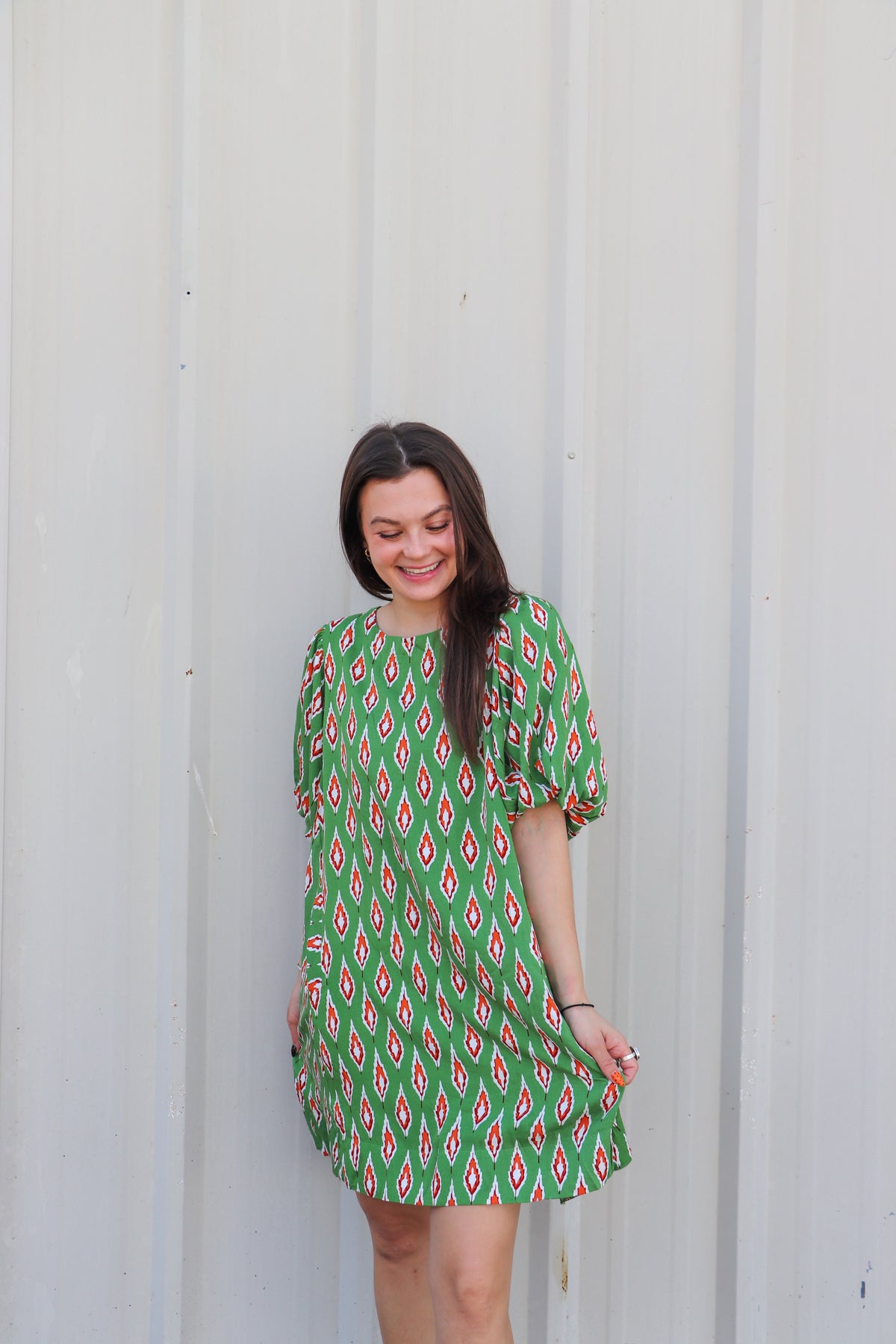 Leaf Print Dress with Puff Sleeves