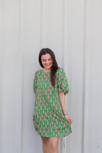 Leaf Print Dress with Puff Sleeves