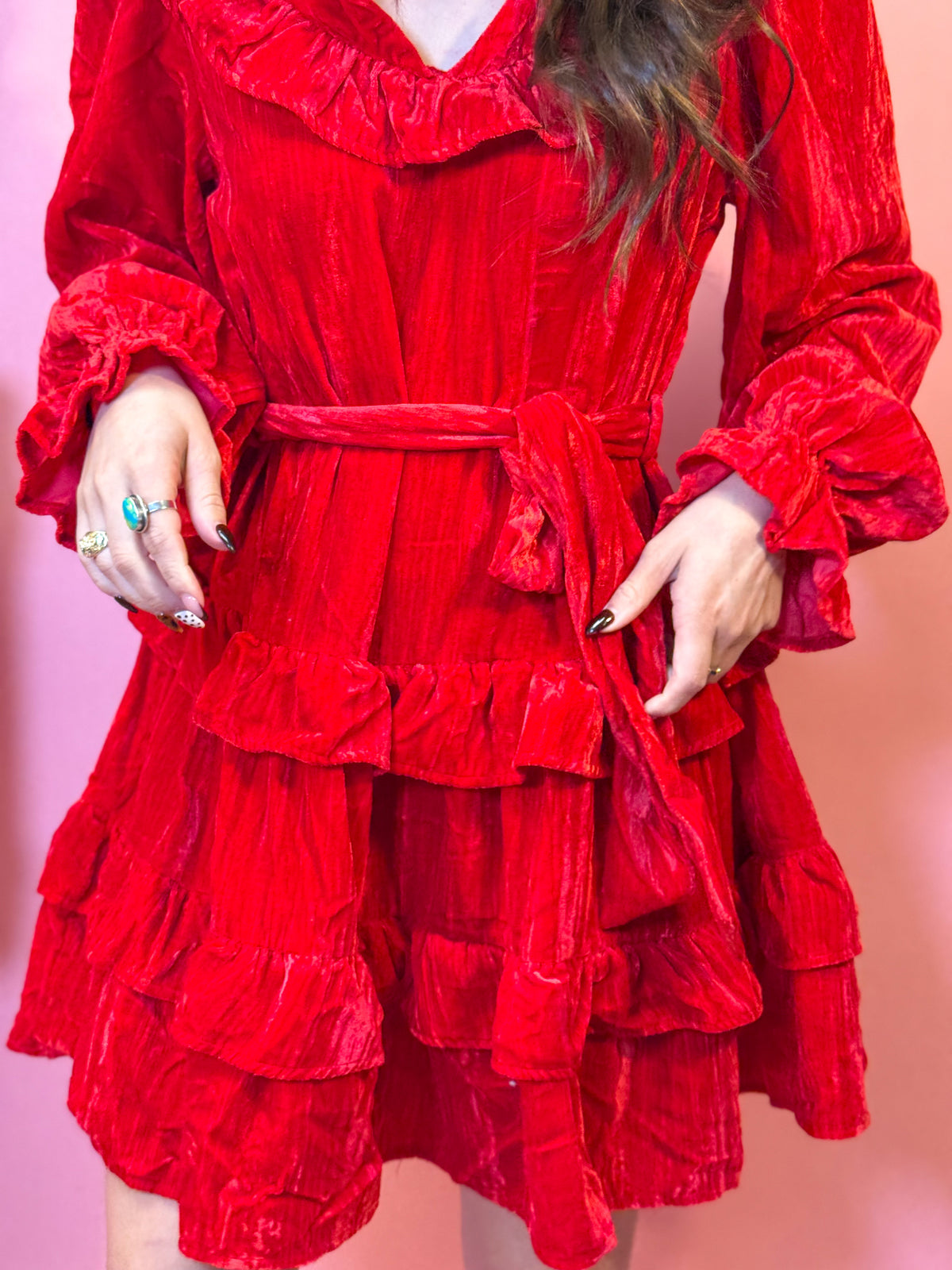 Washed Red Velvet Ruffle Detail Dress