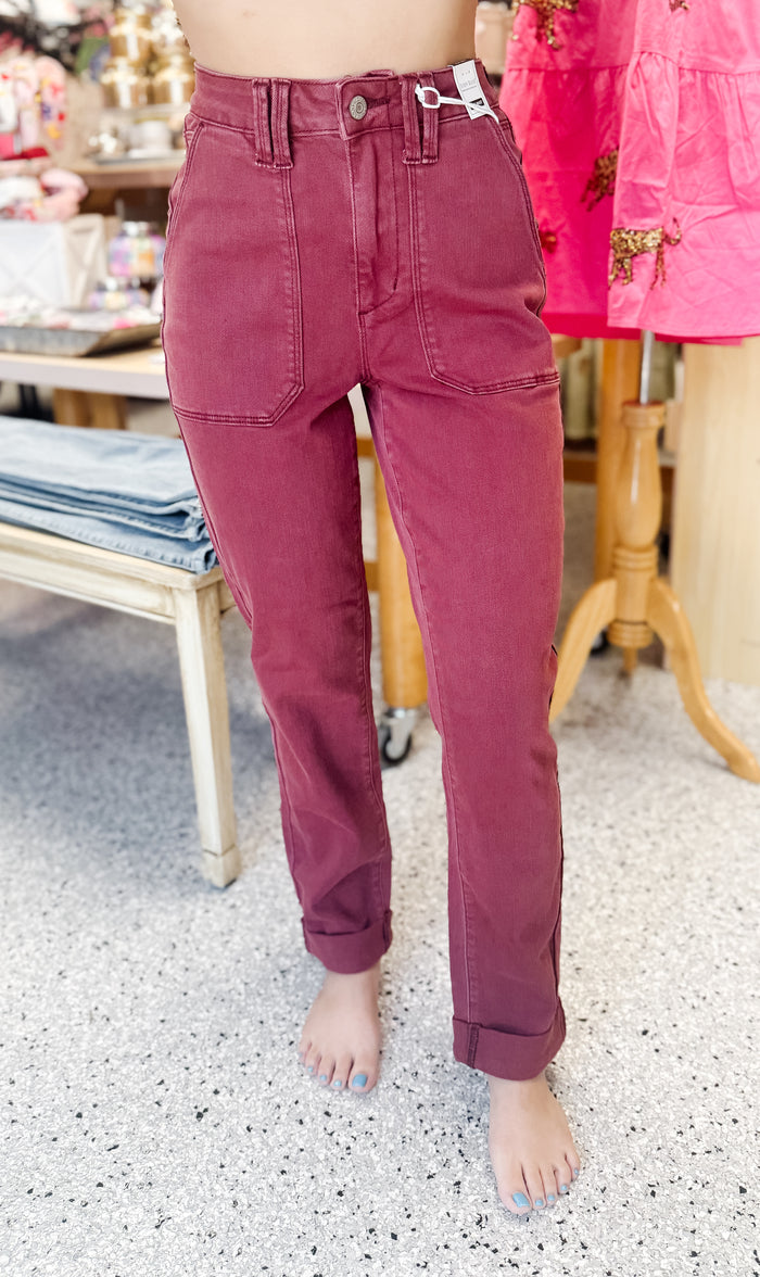 Ashley High Waist Cuffed Burgundy Jeans