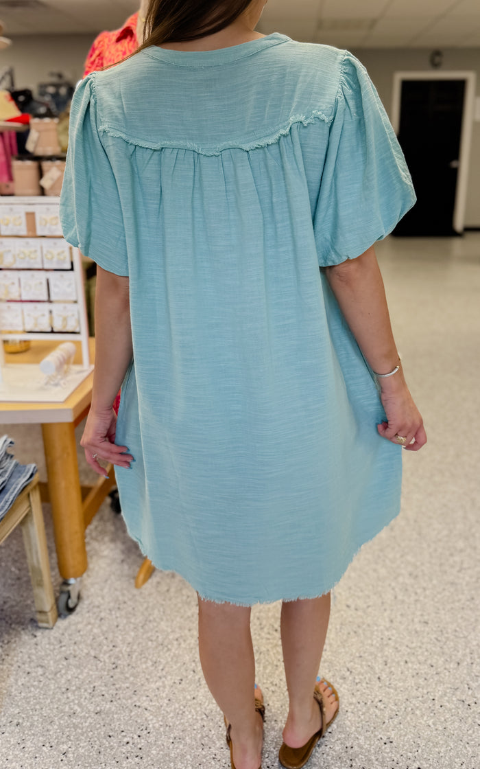 Mint Button Down Dress W/ Short Puff Sleeve