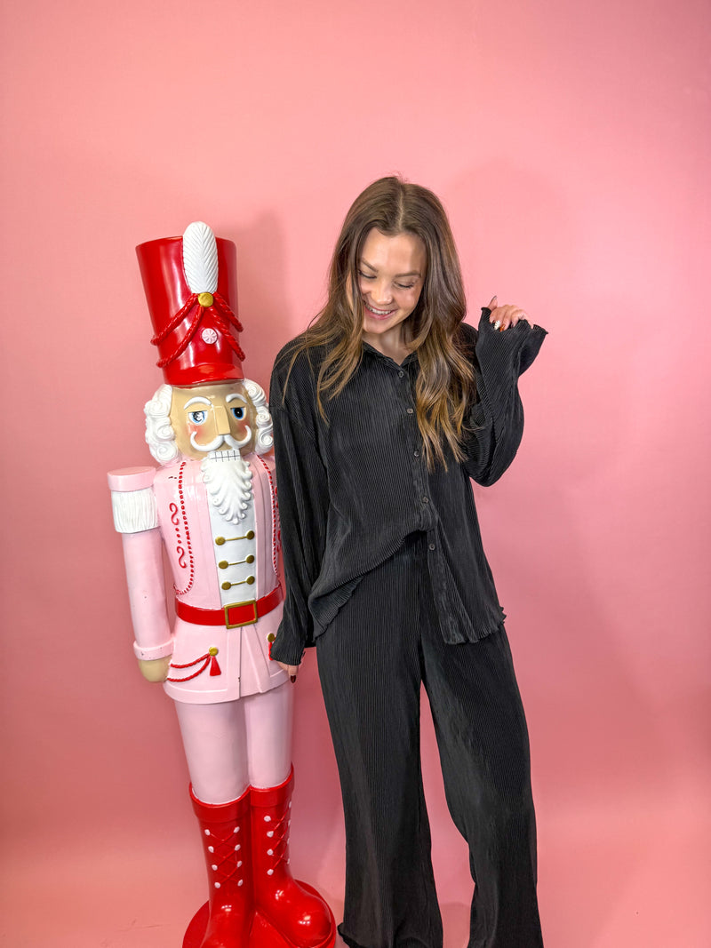 Black Pleated Shirt & Pants W/ Wavy Details