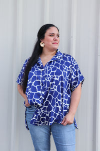 Collared Button Down Print Short Sleeve Top Side Slit