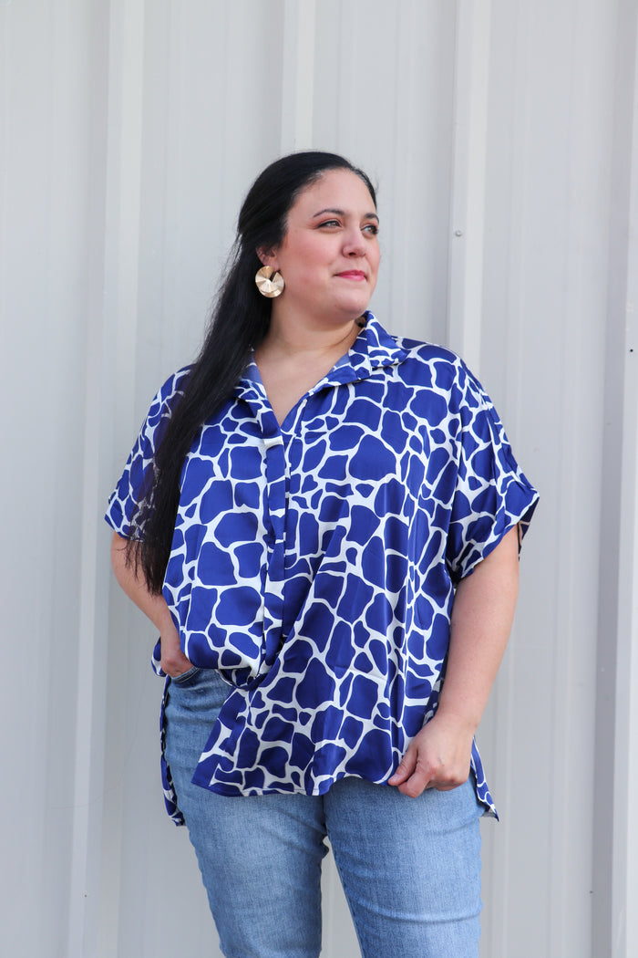 Collared Button Down Print Short Sleeve Top Side Slit