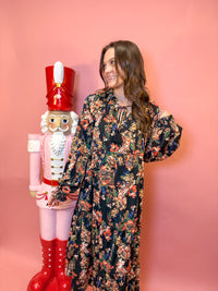 Black Floral Print V-Neck Tiered Maxi Dress