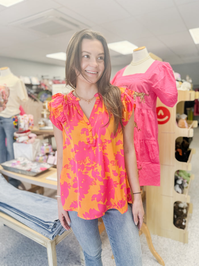 Sunkist Mix V-Notched Double Layer Ruffle Sleeve Top