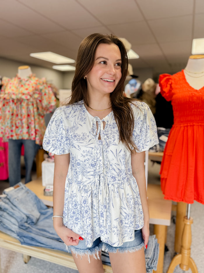 Front Ribbon Bow Tie Floral Woven Blouse