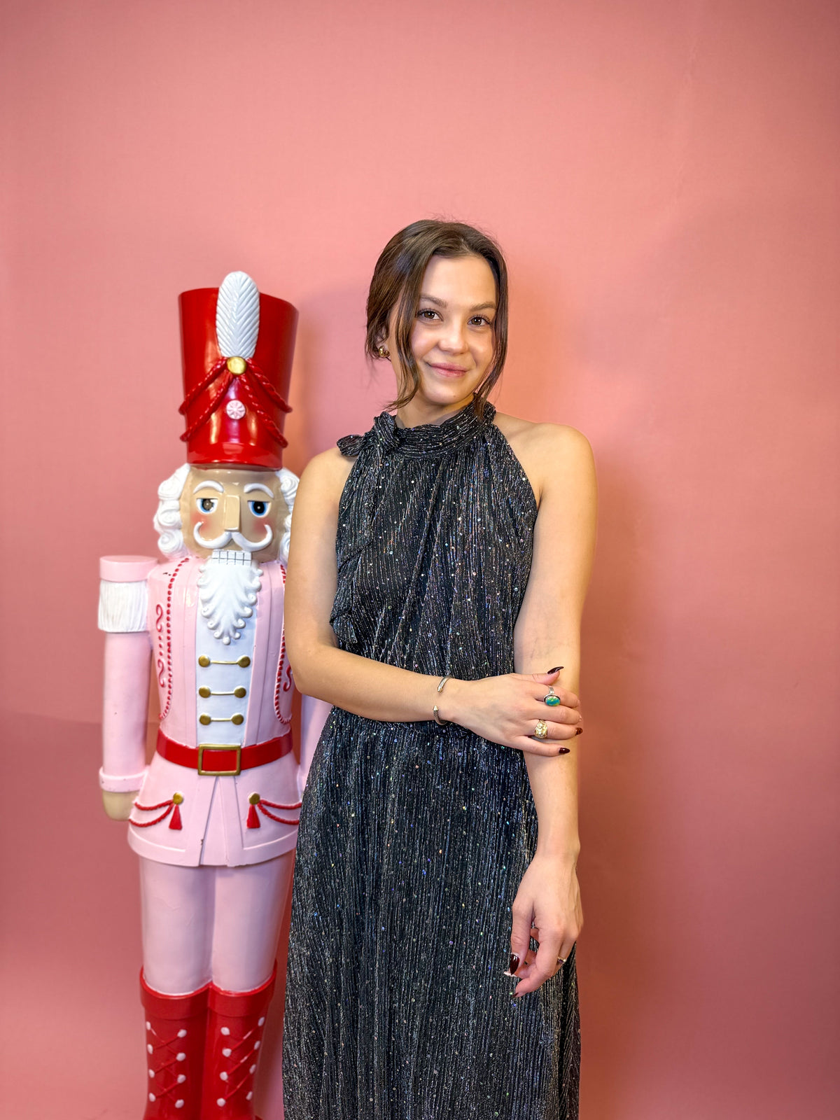 Sleeveless Metallic Tie Neck Halter Top