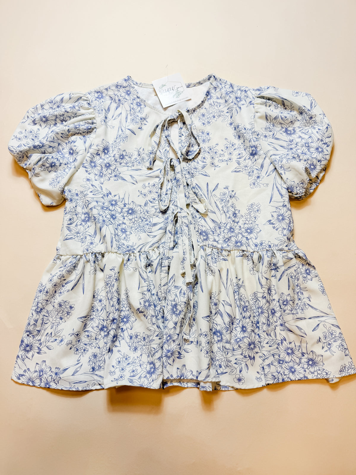 Front Ribbon Bow Tie Floral Woven Blouse