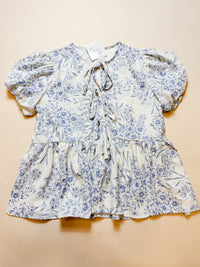 Front Ribbon Bow Tie Floral Woven Blouse
